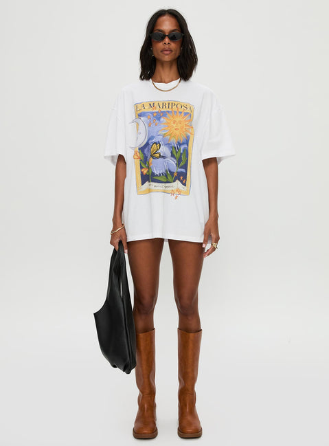 side view of model wearing Princess Polly Tarot Card Graphic Top White / Multi Half Sleeves Crew Neck 