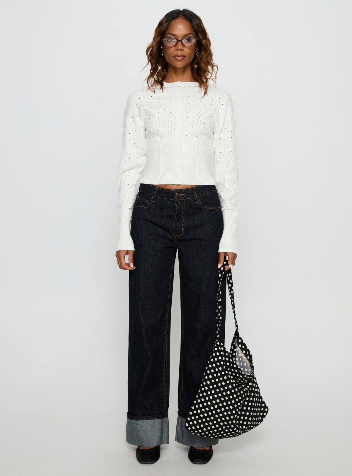 side view of model wearing Princess Polly Head In The Clouds Cardigan Cream cropped Jumpers 