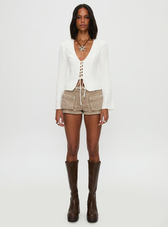 side view of model wearing Princess Polly Clouded Linen Long Sleeve Top White Full Sleeves Plunger 