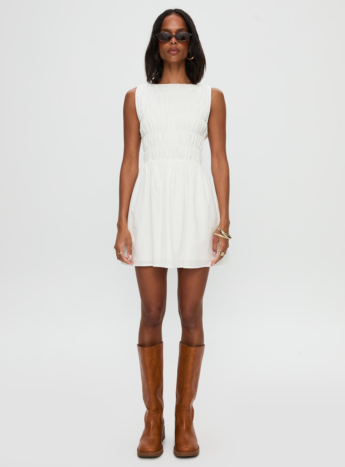 front view of model wearing Princess Polly Melona Shirred Mini Dress White Boat Neck 