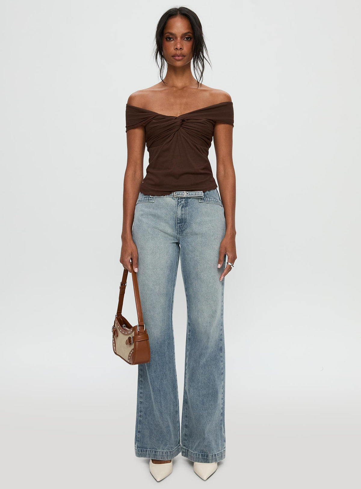 side view of model wearing Princess Polly Suspiria Twist Off Shoulder Top Chocolate Short Sleeves V-Neck 