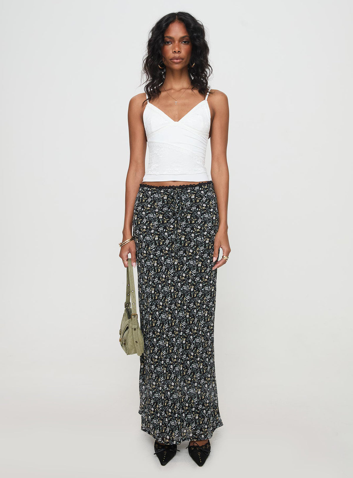   front view of model wearing Princess Polly Emily Maxi Skirt Blue / Black Floral Maxi Skirts Skirts 