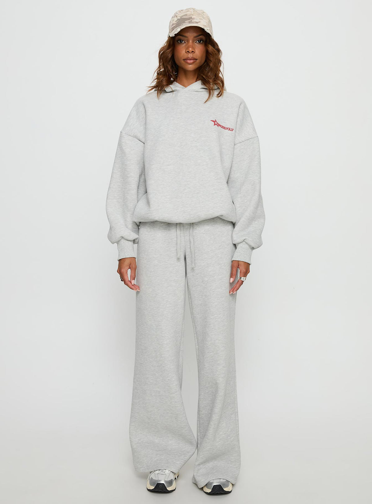 front view of model wearing Princess Polly Princess Polly Stargirl Wide Leg Sweat Pants Grey Marle High Rise Pants Pants 