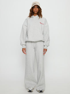 front view of model wearing Princess Polly Princess Polly Stargirl Wide Leg Sweat Pants Grey Marle High Rise Pants Pants 