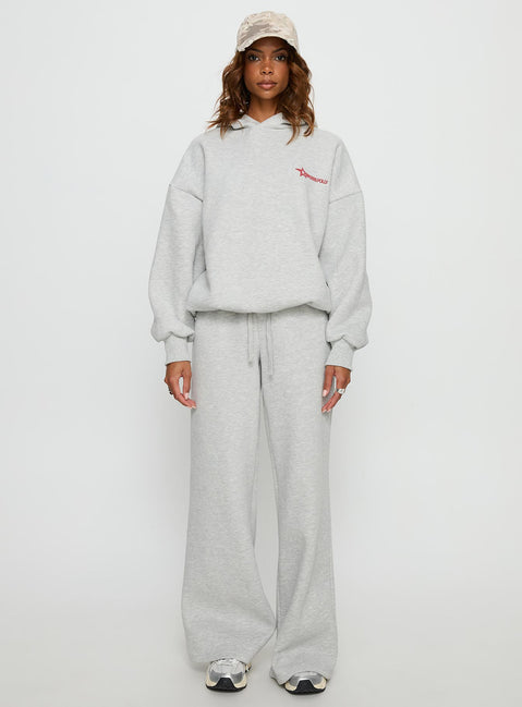 front view of model wearing Princess Polly Princess Polly Stargirl Wide Leg Sweat Pants Grey Marle High Rise Pants Pants 