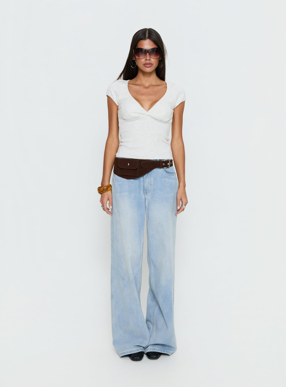 Baseline Cross Over Cap Sleeve Top Grey Marle