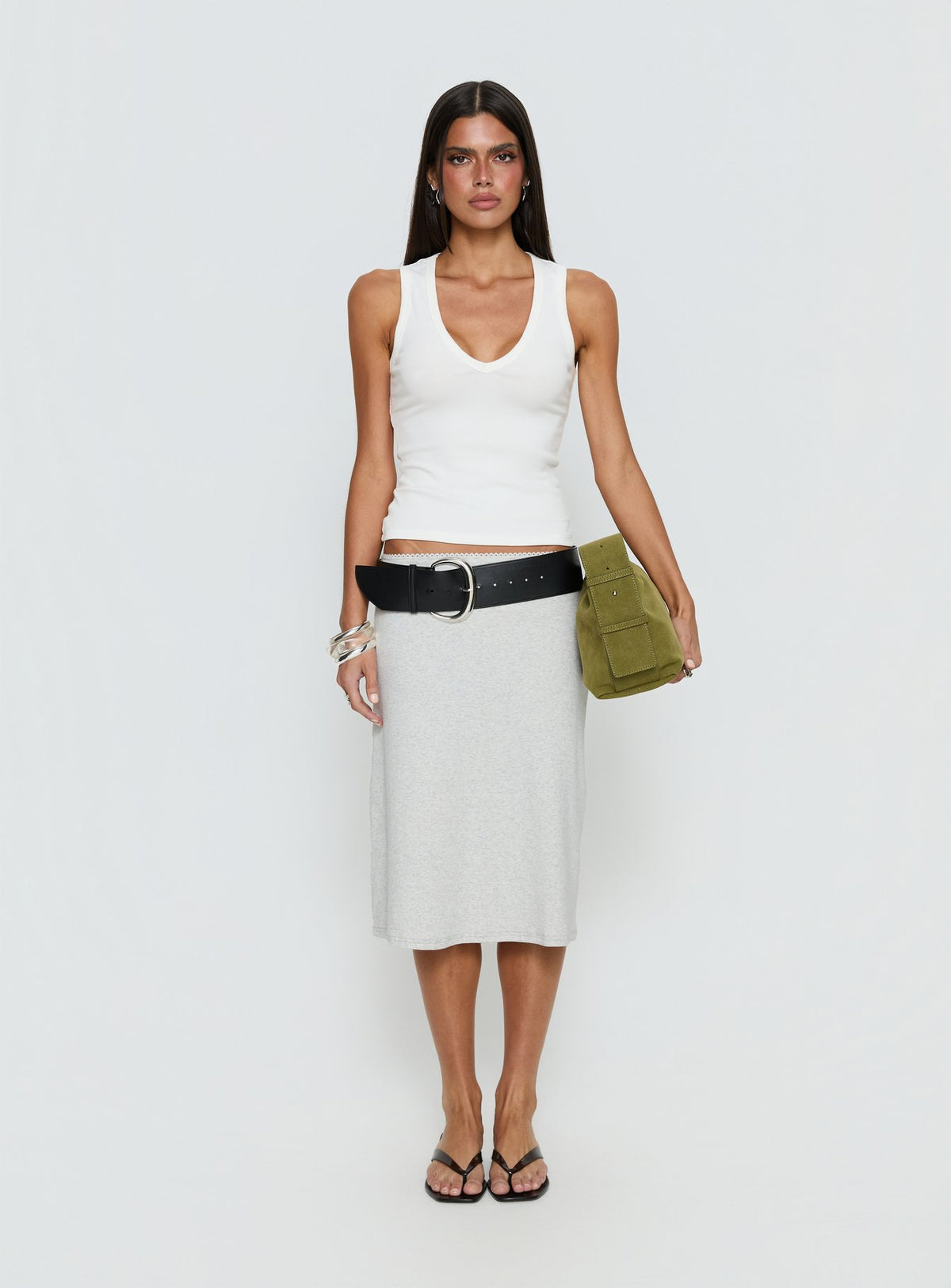   front view of model wearing Princess Polly Baseline Rib Midi Skirt Grey Marle Midi Skirts Skirts 