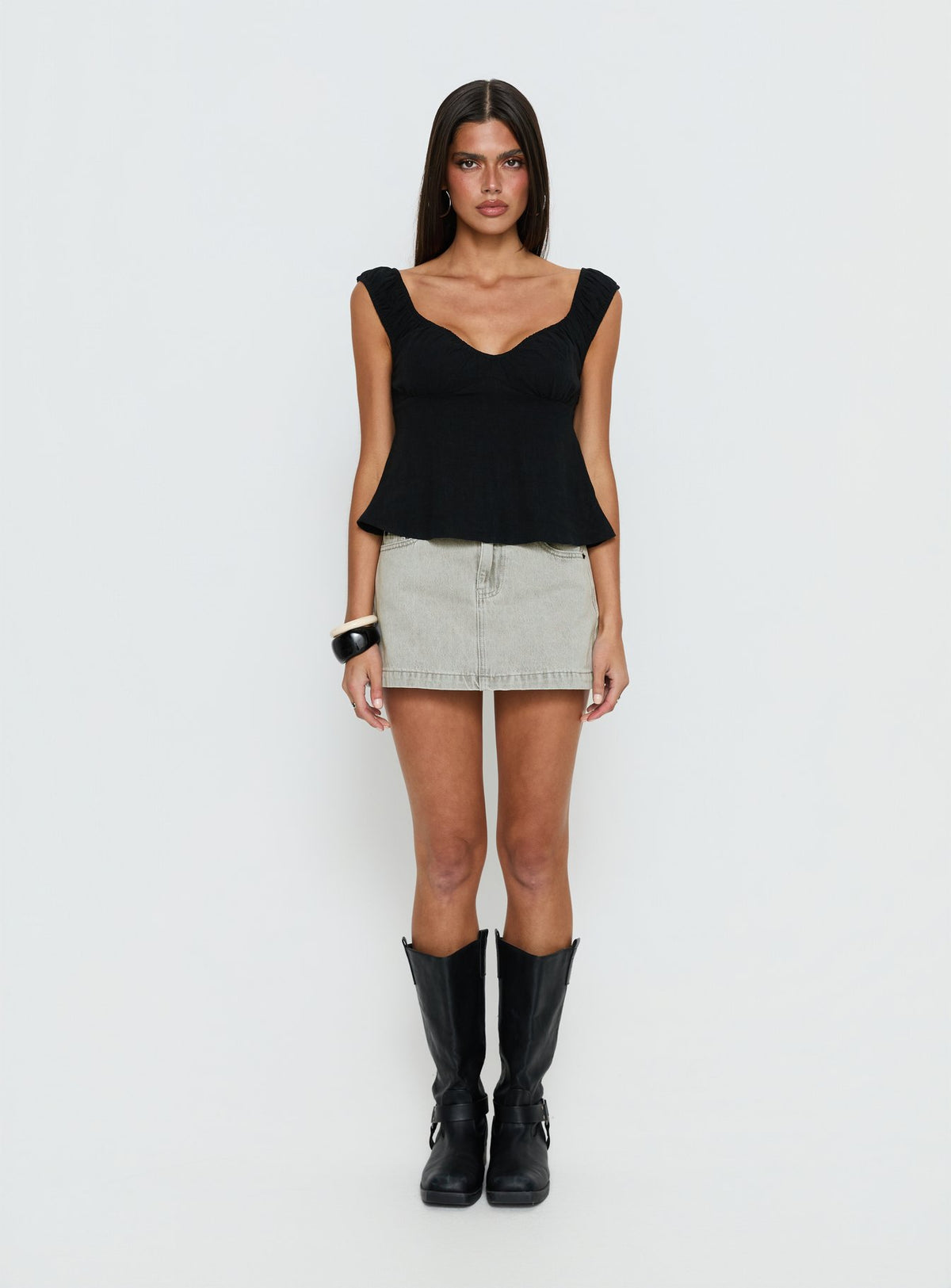   front view of model wearing Princess Polly Nicolina Low Rise Denim Mini Skirt Washed Grey Mini Skirts Skirts 