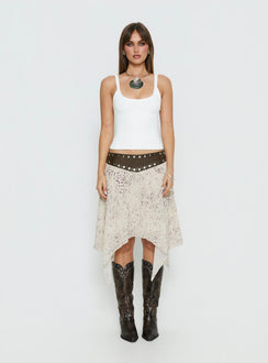 Crafted with Dark Mirage Asymmetrical Midi Skirt Multi womens-skirts in abstract design with belt Princess Polly