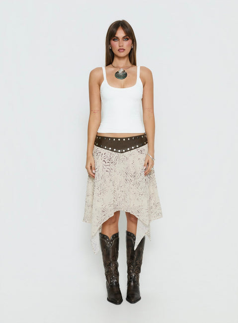 Crafted with Dark Mirage Asymmetrical Midi Skirt Multi womens-skirts in abstract design with belt Princess Polly