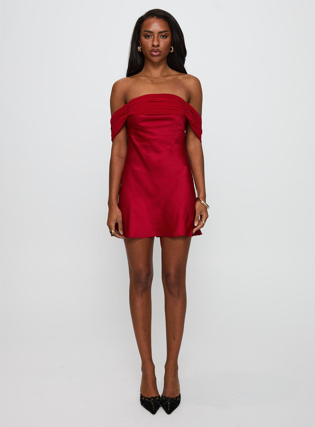 front view of model wearing Princess Polly Adoration Mini Dress Red Straight Neck 