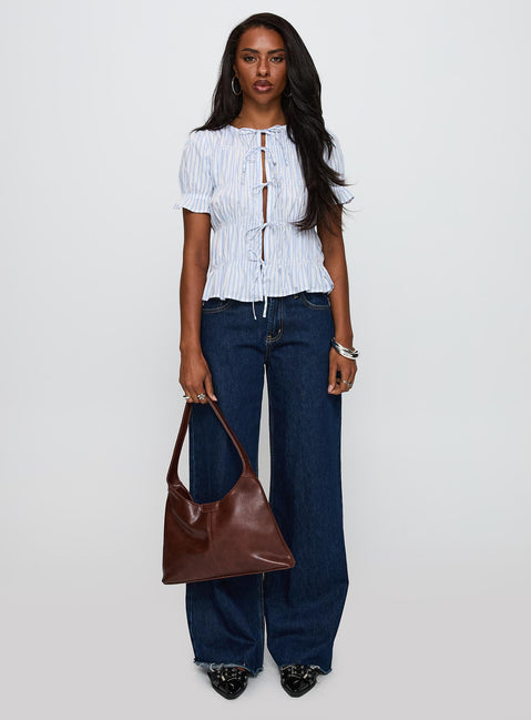 front view of model wearing Princess Polly Alistair Bow Tie Top Blue / White Stripe Short Sleeves Crew Neck 