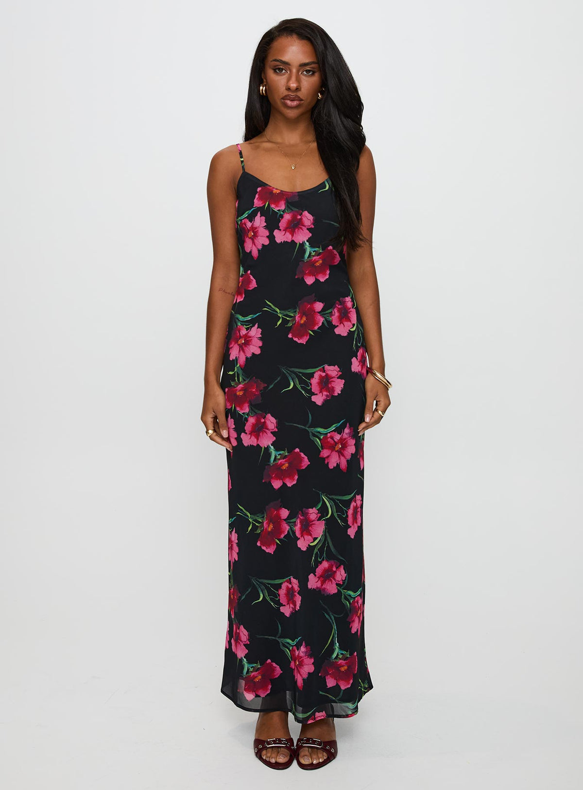 front view of model wearing Princess Polly Emorie Bias Cut Maxi Dress Multi Floral Scoop Neck 