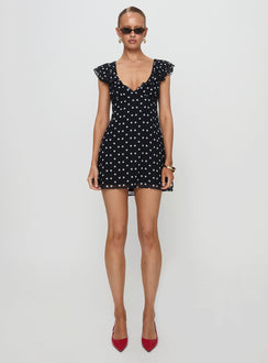 front view of model wearing Princess Polly I Guess So Mini Dress Black Polka Dot Tall V-Neck 