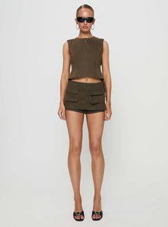 front view of model wearing Princess Polly Countryside Top Petrol Sleeveless High Neck 