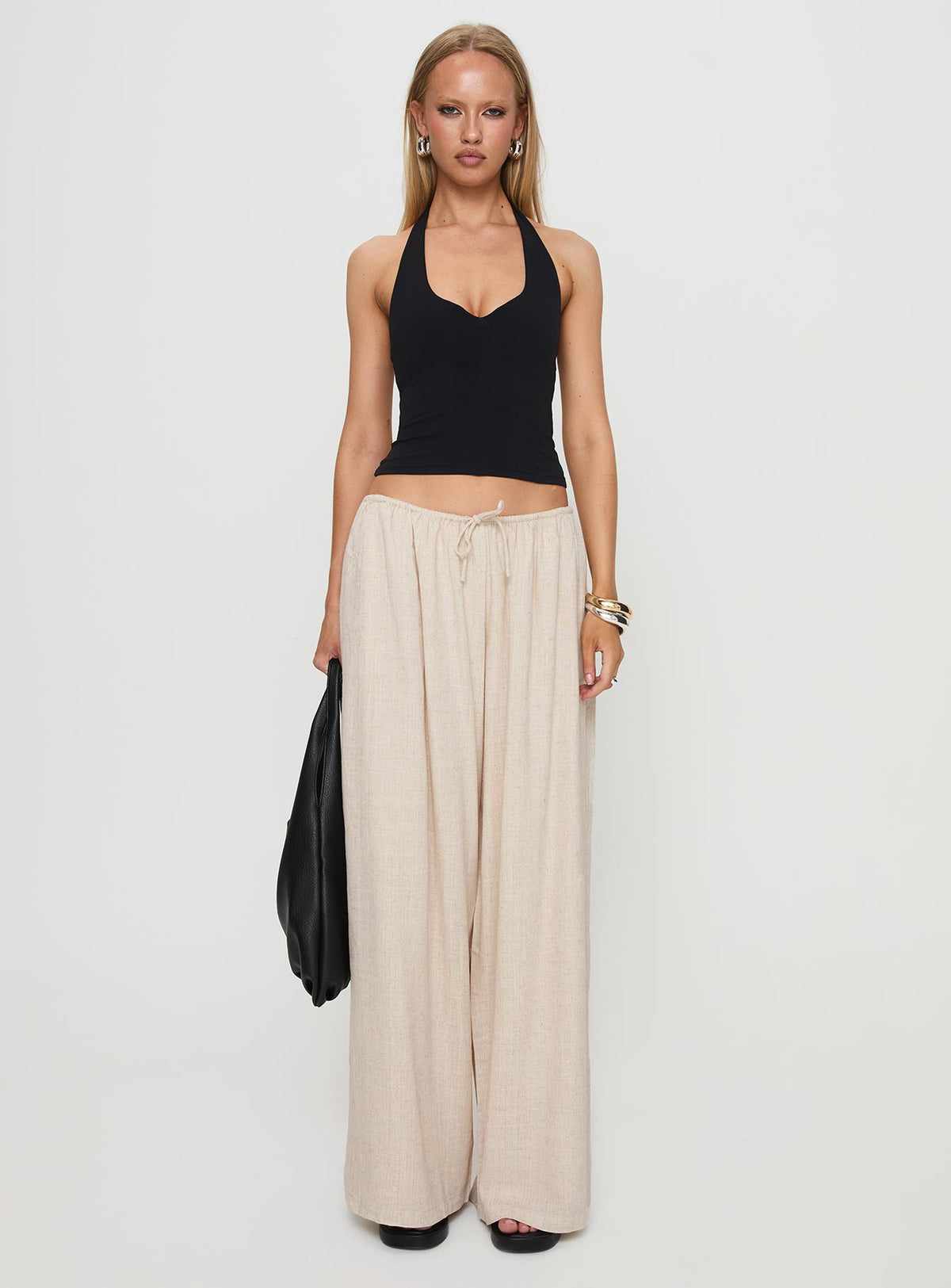 front view of model wearing Princess Polly Beach Comber Linen Pant Beige High Rise Pants Pants 