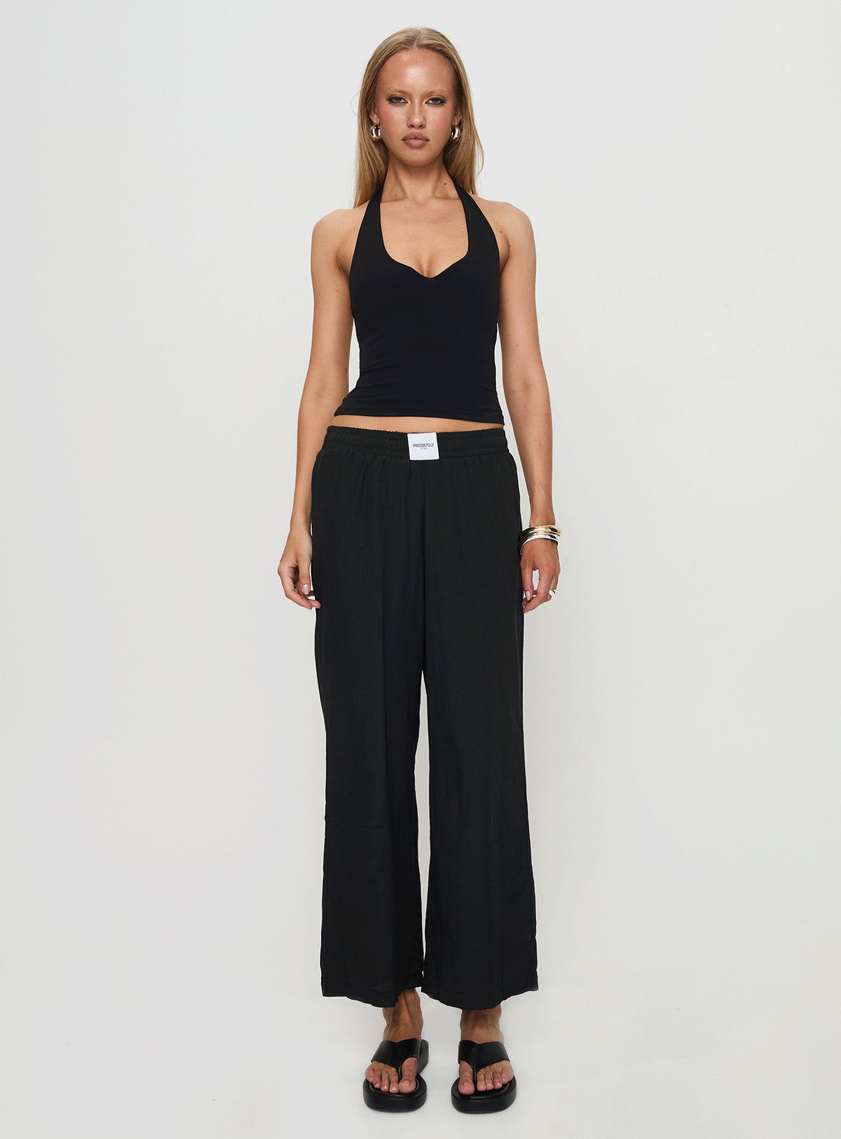 front view of model wearing Princess Polly Beach House Pants Black Low Rise Pants Pants 
