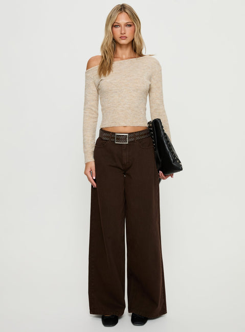 front view of model wearing Princess Polly Naylor Mid Rise Wide Leg Jeans Brown Mid Rise Jeans Jeans 