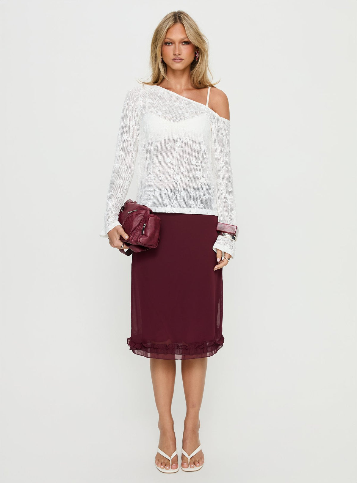   front view of model wearing Princess Polly Rosette Frill Midi Skirt Currant Skirts 