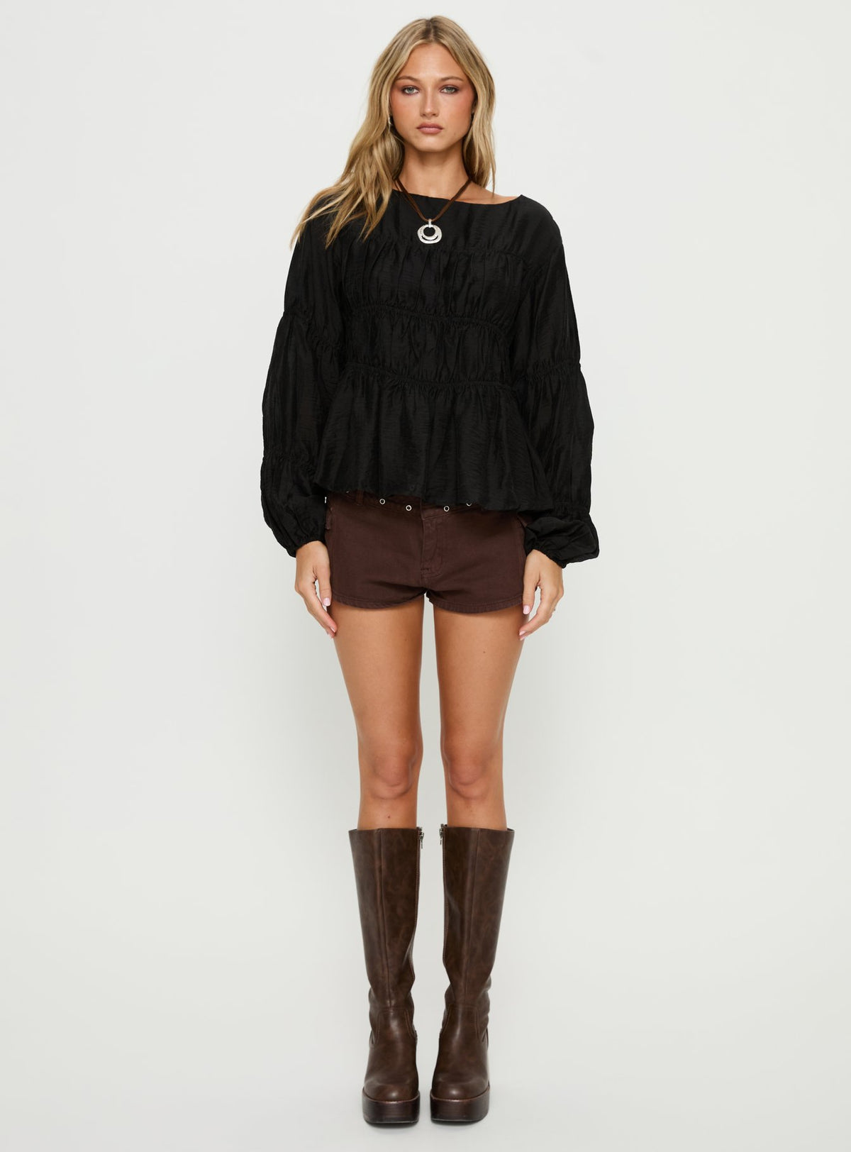 Xamira Ruched Long Sleeve Top Black