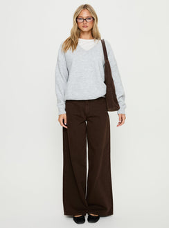 side view of model wearing Princess Polly Stay The Night V Neck Knit Sweater Grey Marle regular Jumpers 