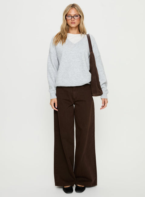 side view of model wearing Princess Polly Stay The Night V Neck Knit Sweater Grey Marle regular Jumpers 