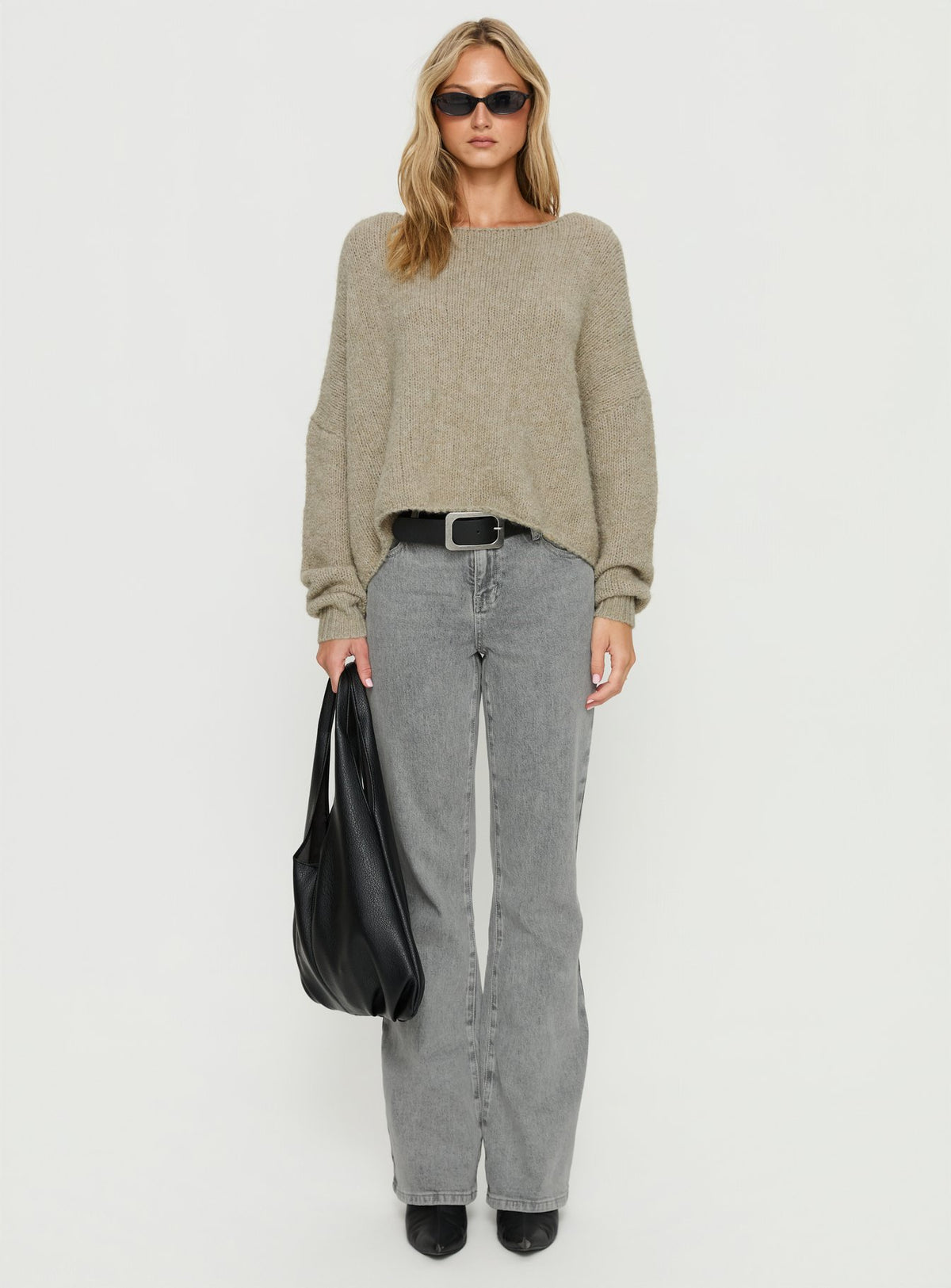 back view of model wearing Princess Polly Ramy Wide Neck Knit Sweater Olive Cropped Jumpers Jumpers 