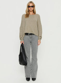back view of model wearing Princess Polly Ramy Wide Neck Knit Sweater Olive Cropped Jumpers Jumpers 