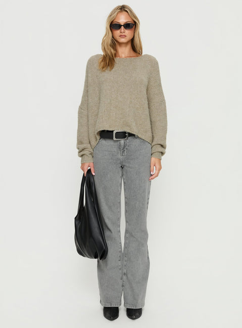 back view of model wearing Princess Polly Ramy Wide Neck Knit Sweater Olive Cropped Jumpers Jumpers 
