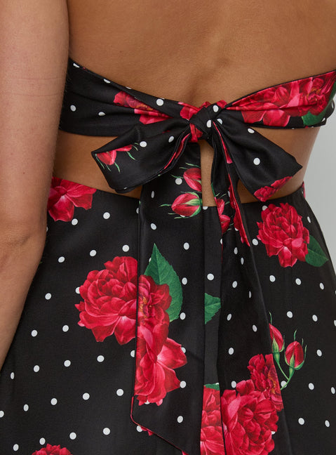 Rosamie Halter Mini Dress Black Polka Floral