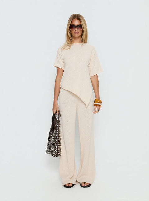 side view of model wearing Princess Polly Calisse Knit Wide Leg Pants Beige High Rise Pants Pants 