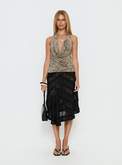 back view of model wearing Princess Polly Constancia Asymmetrical Sheer Midi Skirt Black Midi Skirts Skirts 