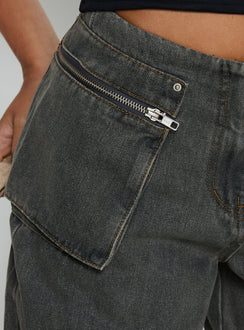 back view of model wearing Princess Polly Paltrow Mid Rise Wide Leg Cargo Jeans Washed Grey Mid Rise Jeans Jeans 