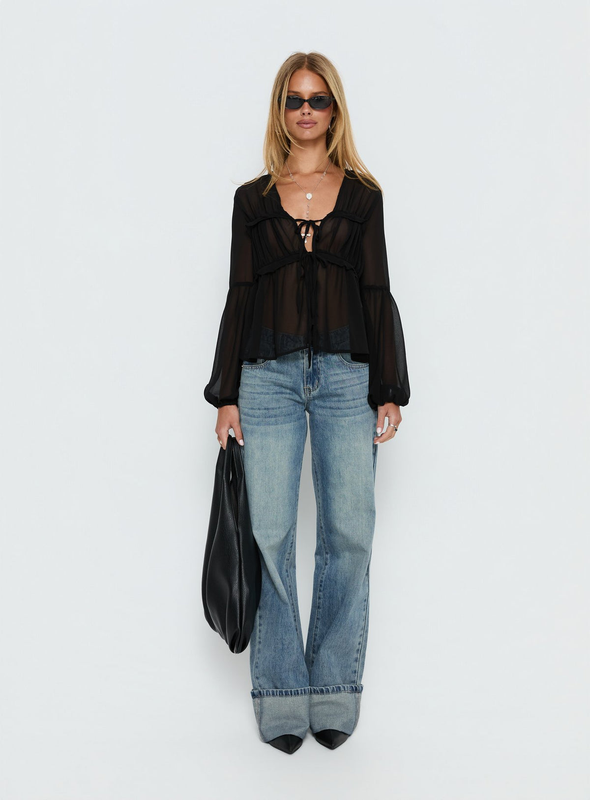 Palapa Tie Detail Sheer Long Sleeve Top Black