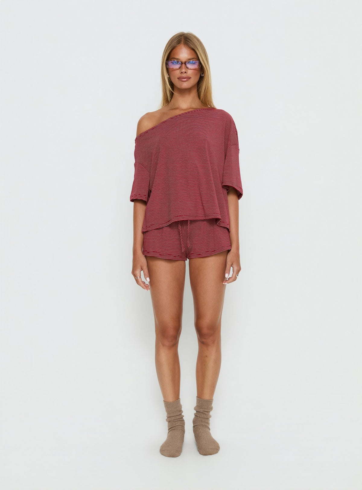 Sugar Surge Off Shoulder Sleep Top Cherry Stripe