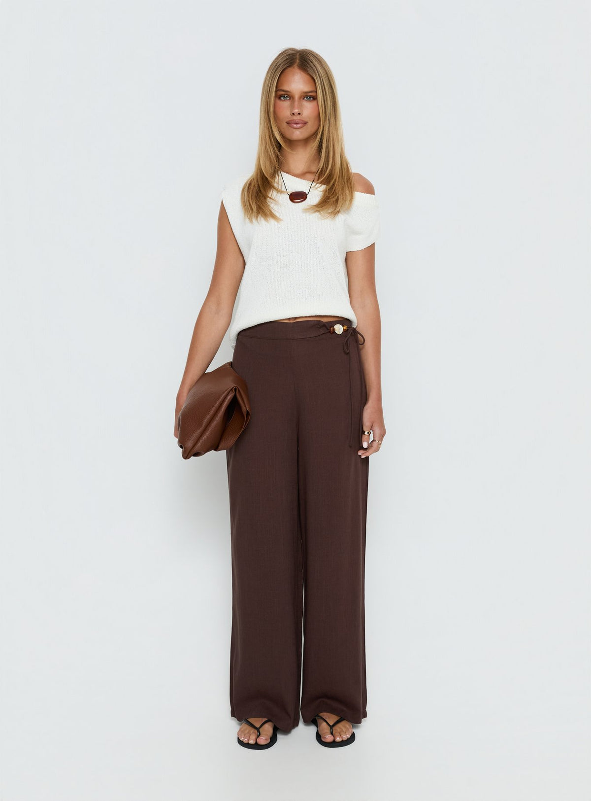 front view of model wearing Princess Polly Pine For You Bead Detail Linen Pant Brown High Rise Pants Pants 