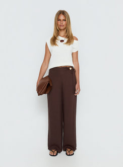 front view of model wearing Princess Polly Pine For You Bead Detail Linen Pant Brown High Rise Pants Pants 