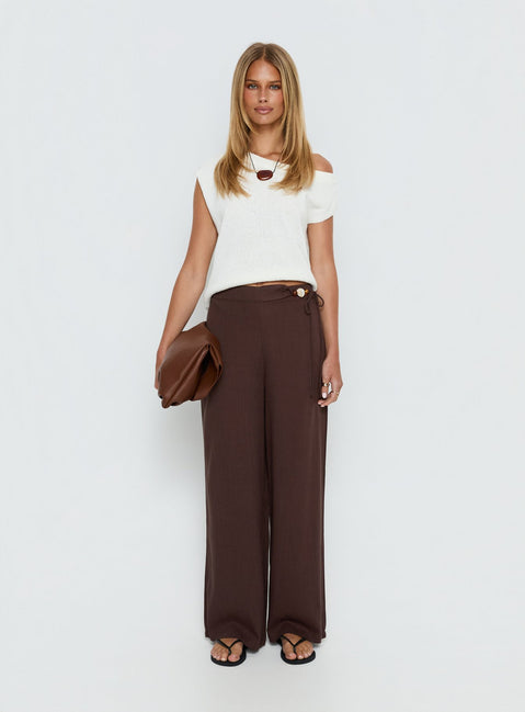 front view of model wearing Princess Polly Pine For You Bead Detail Linen Pant Brown High Rise Pants Pants 