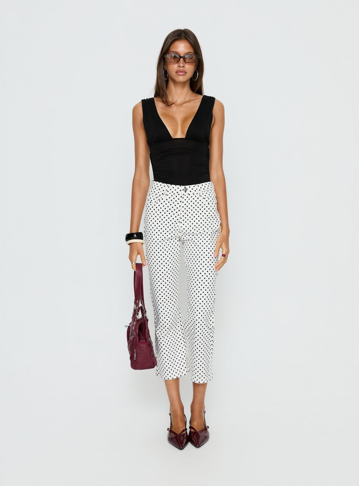 front view of model wearing Princess Polly Cindee High Rise Cropped Jeans White Polka Dot High Rise Jeans Jeans 