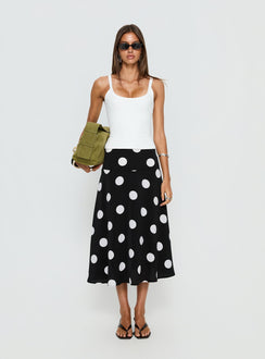   front view of model wearing Princess Polly Picture It Midi Skirt Black Polka Dot Midi Skirts Skirts 