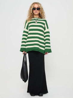 front view of model wearing Princess Polly Brando Knit Sweater Green / Cream Stripe Longline Jumpers Jumpers 