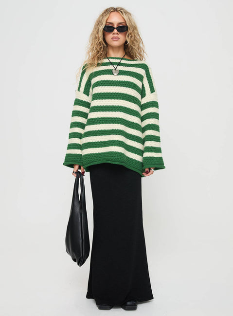front view of model wearing Princess Polly Brando Knit Sweater Green / Cream Stripe Longline Jumpers Jumpers 