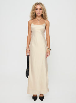 front view of model wearing Princess Polly Ravia Maxi Dress Champagne Square Neck 