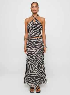   side view of model wearing Princess Polly Eleganza Maxi Skirt Zebra Maxi 