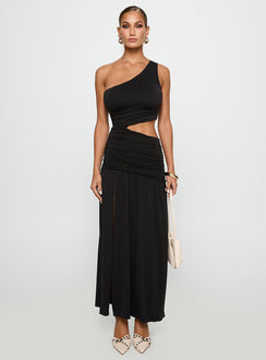front view of model wearing Princess Polly Magnetize Ruched Maxi Dress Black Asymmetric Neckline 
