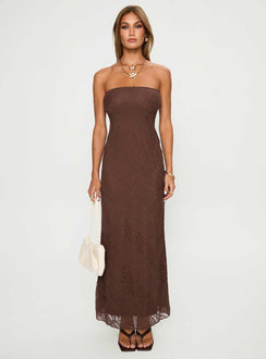 side view of model wearing Princess Polly Majorca Strapless Maxi Dress Chocolate Straight Neck 