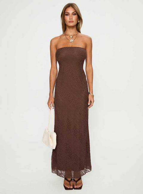 side view of model wearing Princess Polly Majorca Strapless Maxi Dress Chocolate Straight Neck 