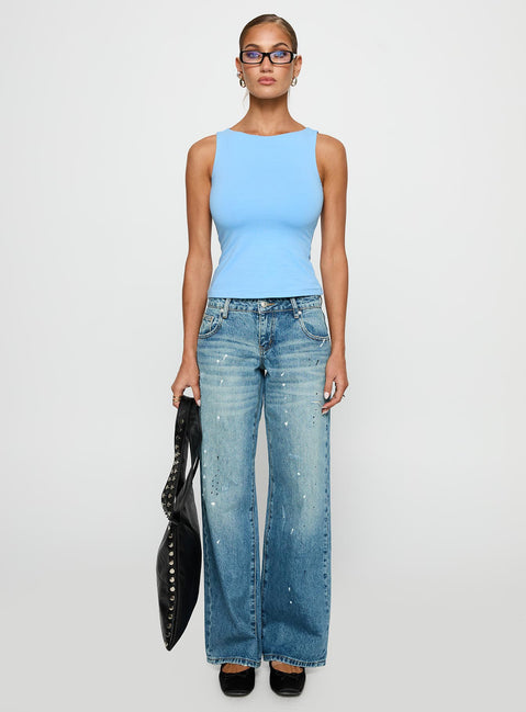 front view of model wearing Princess Polly Lose Your Number High Neck Top Blue Sleeveless Crew Neck 