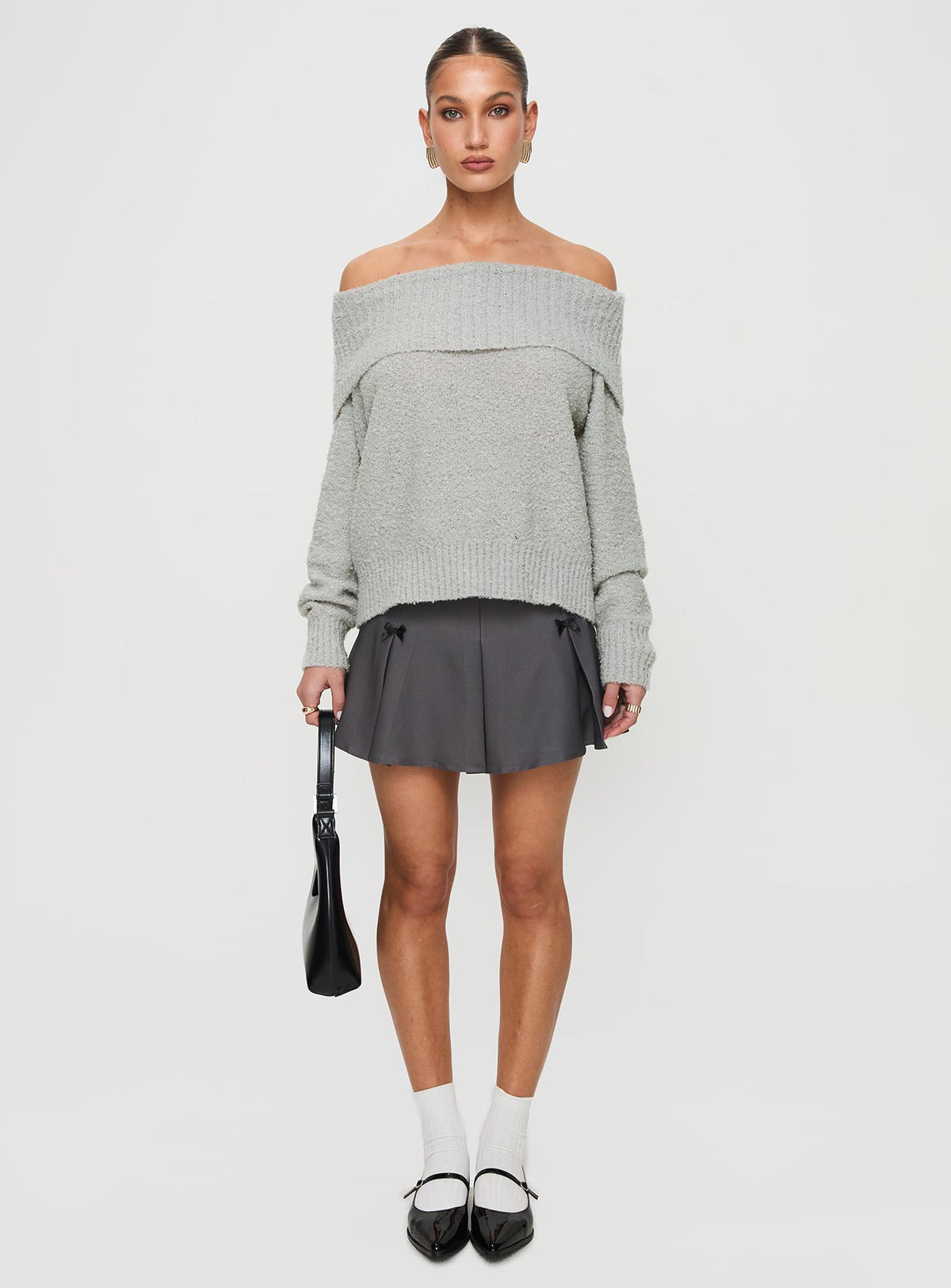 side view of model wearing Princess Polly Parkley Boucle Off The Shoulder Sweater Grey Marle Jumpers 