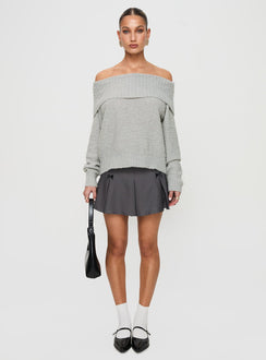 side view of model wearing Princess Polly Parkley Boucle Off The Shoulder Sweater Grey Marle Jumpers 